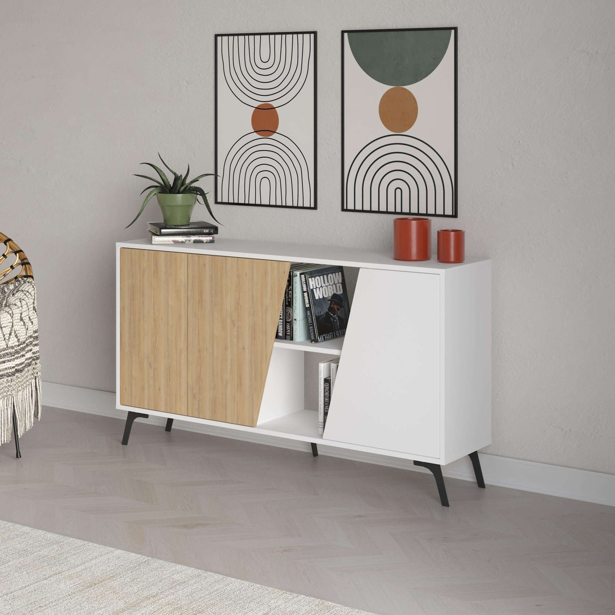 Oak wood-look console sideboard with open cubby, white side panels, and legs.