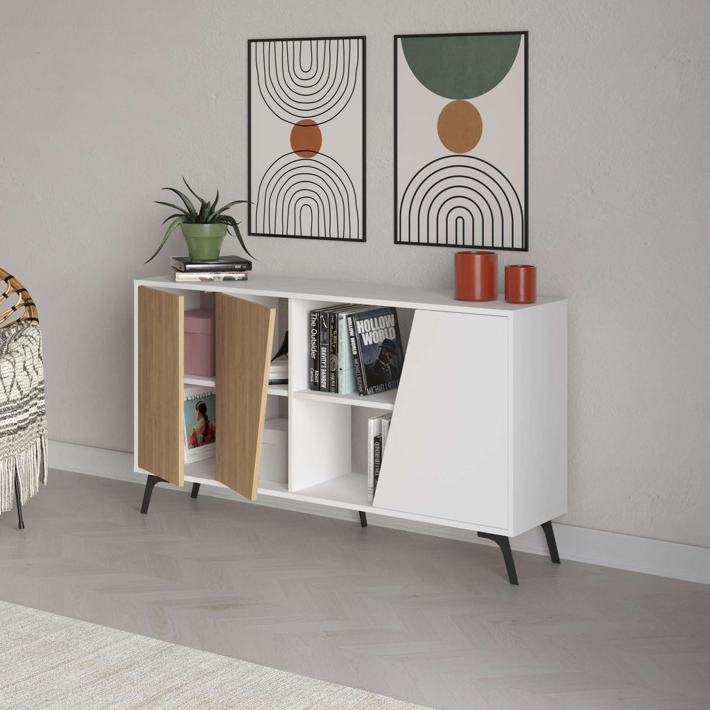 Oak-and-white console sideboard with open cubby, cabinet doors, and tapered legs.