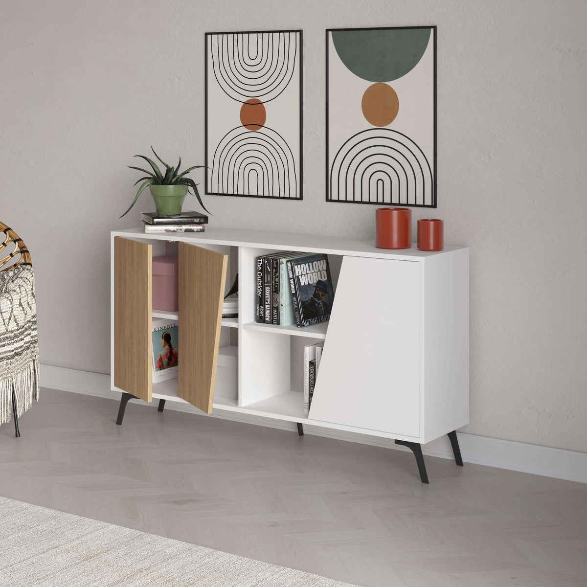 Oak-and-white console sideboard with open cubby, cabinet doors, and tapered legs.