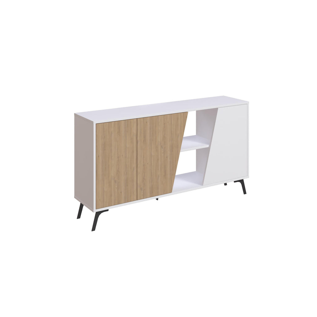 Console sideboard with oak left door, white right side panel, and open shelf