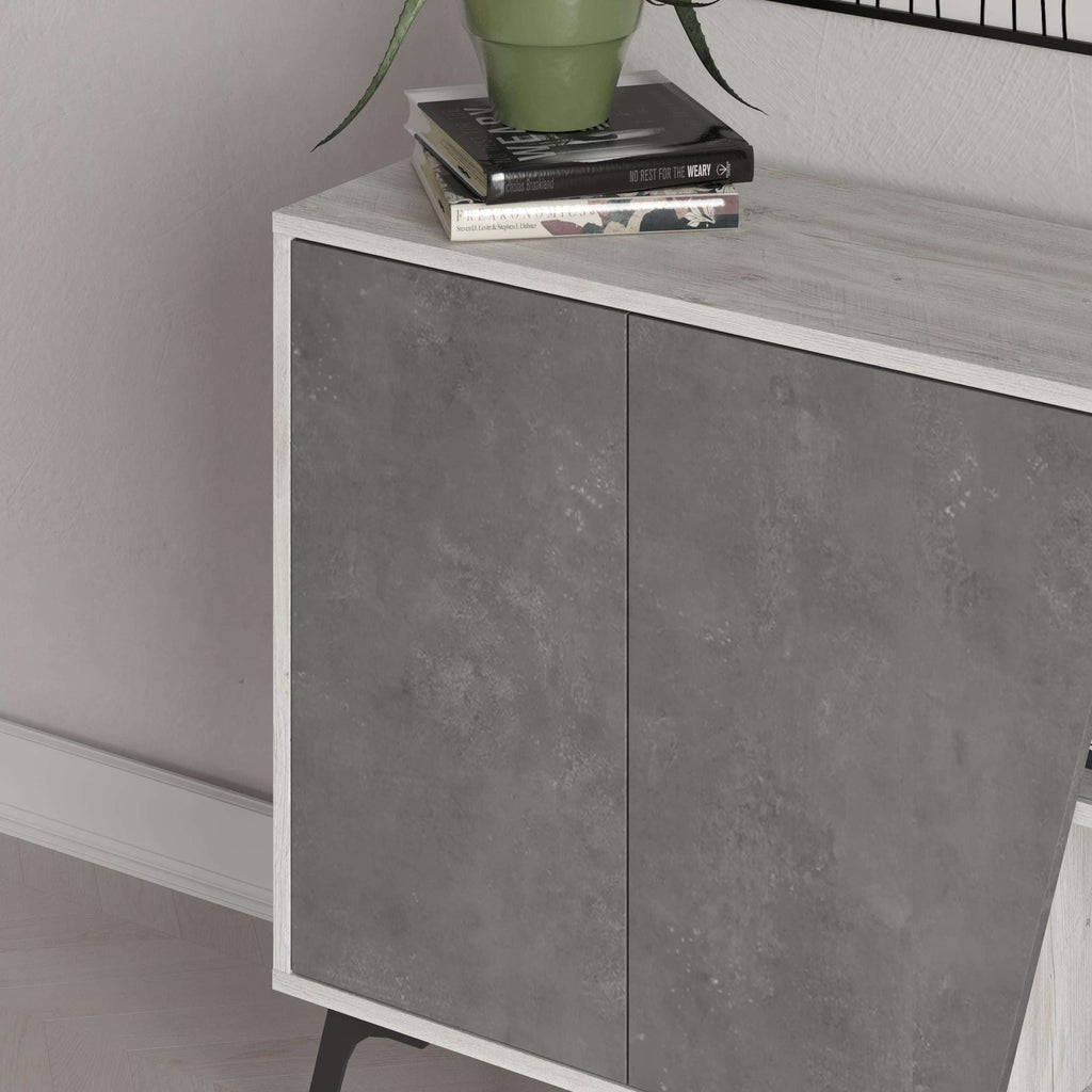 Console sideboard door close-up with dark grey finish and simple recessed handle