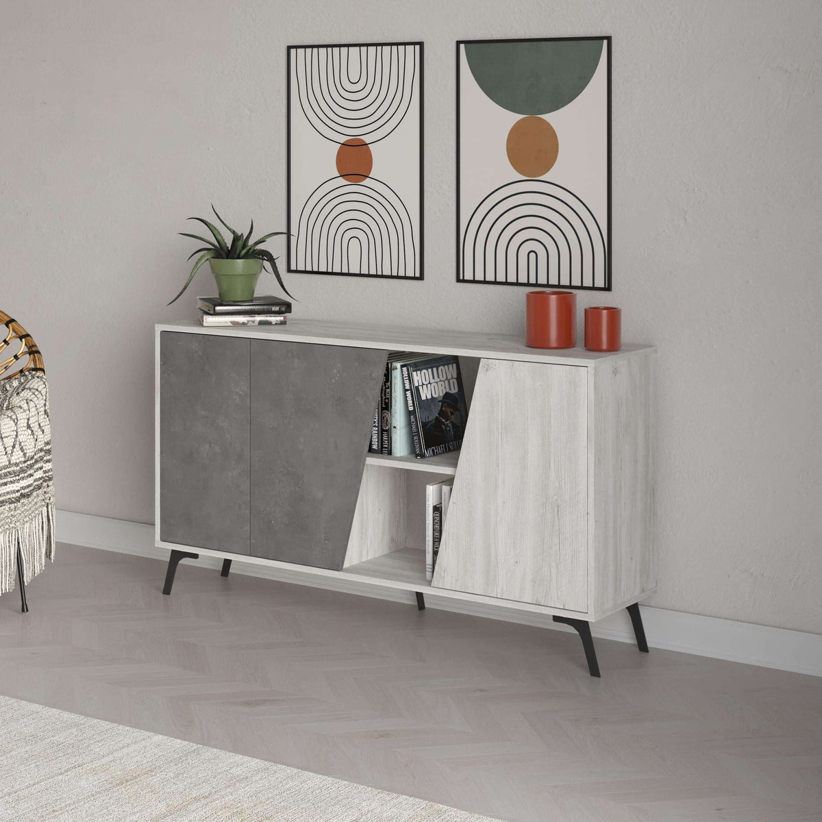 Console sideboard with grey left doors, white right panel, and open central shelf