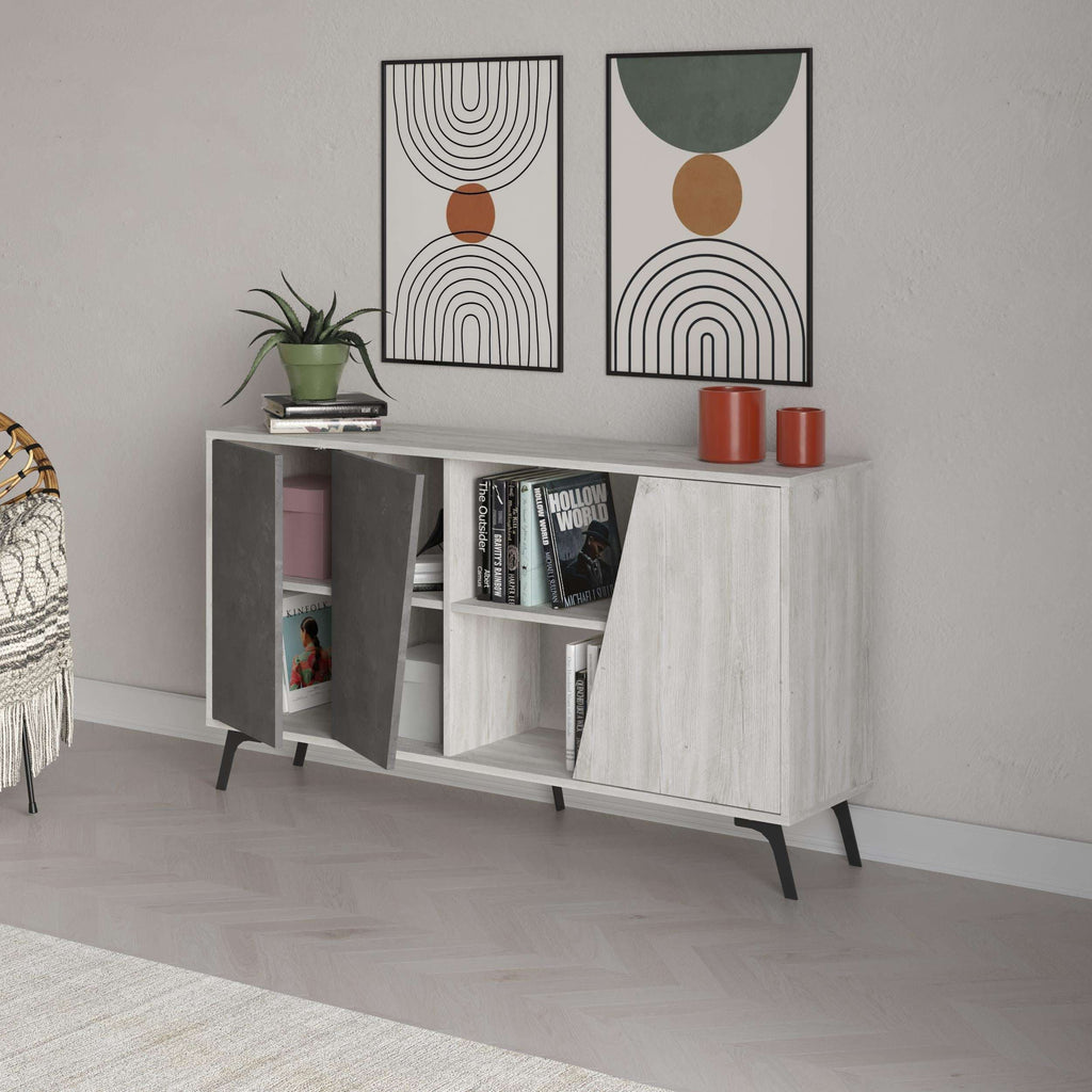 Console sideboard with grey and white cabinet doors and open center shelving