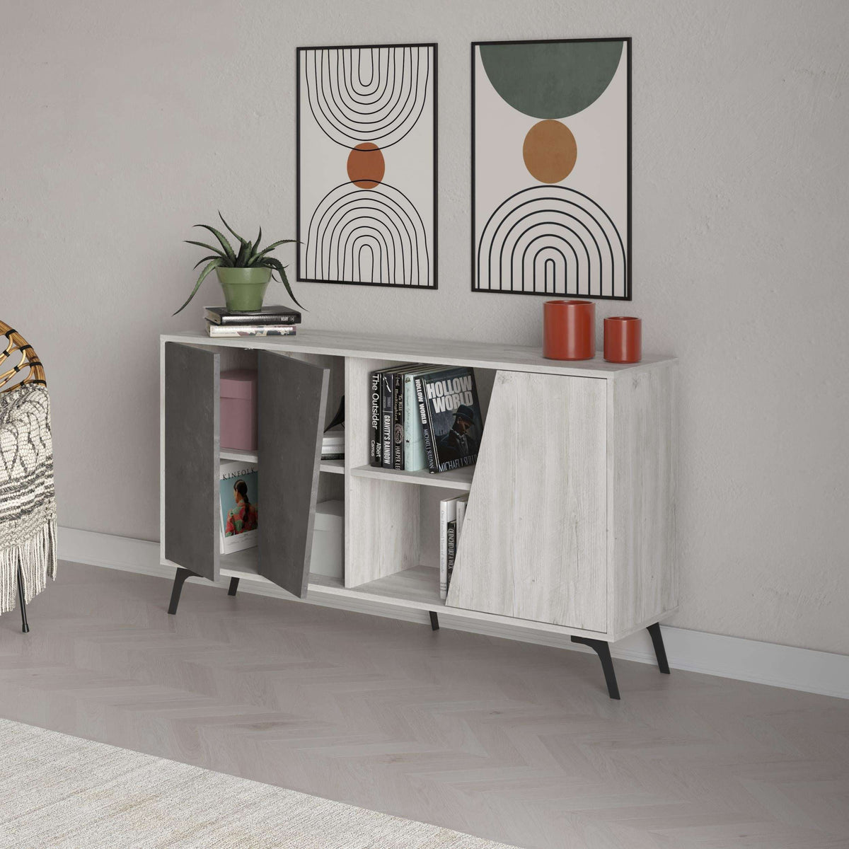 Console sideboard with grey doors, white right panel, and open book display shelf
