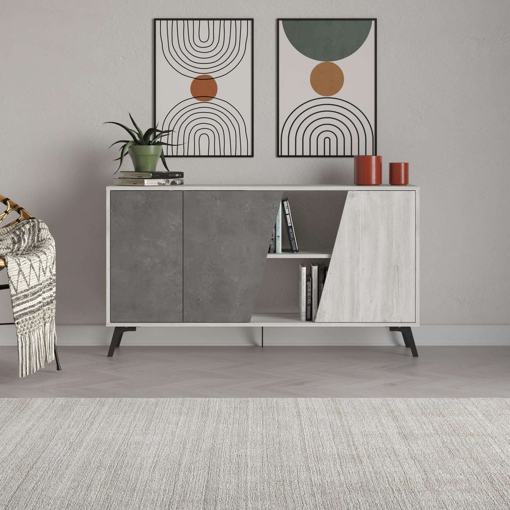Two-tone console sideboard with grey cabinet doors and an open central shelf