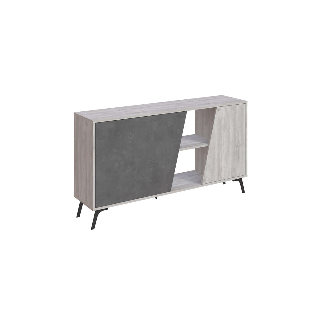 Console sideboard with dark grey front panels, lighter wood sides, and open shelf