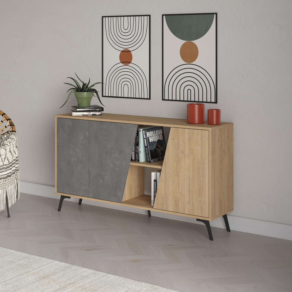 Two-tone sideboard console with grey door left, open shelving, oak right cabinet and legs