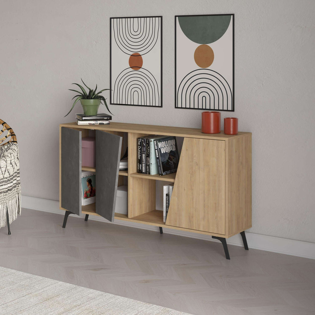 Two-tone console sideboard with grey door cabinet, open shelving, oak side panels and legs