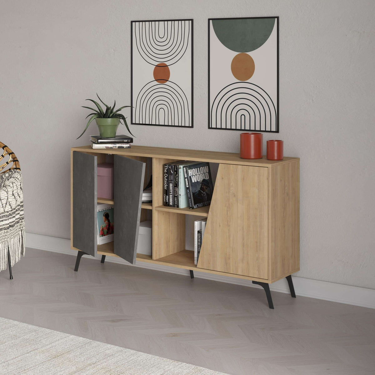 Two-tone console sideboard with grey door cabinet, open shelving, oak side panels and legs