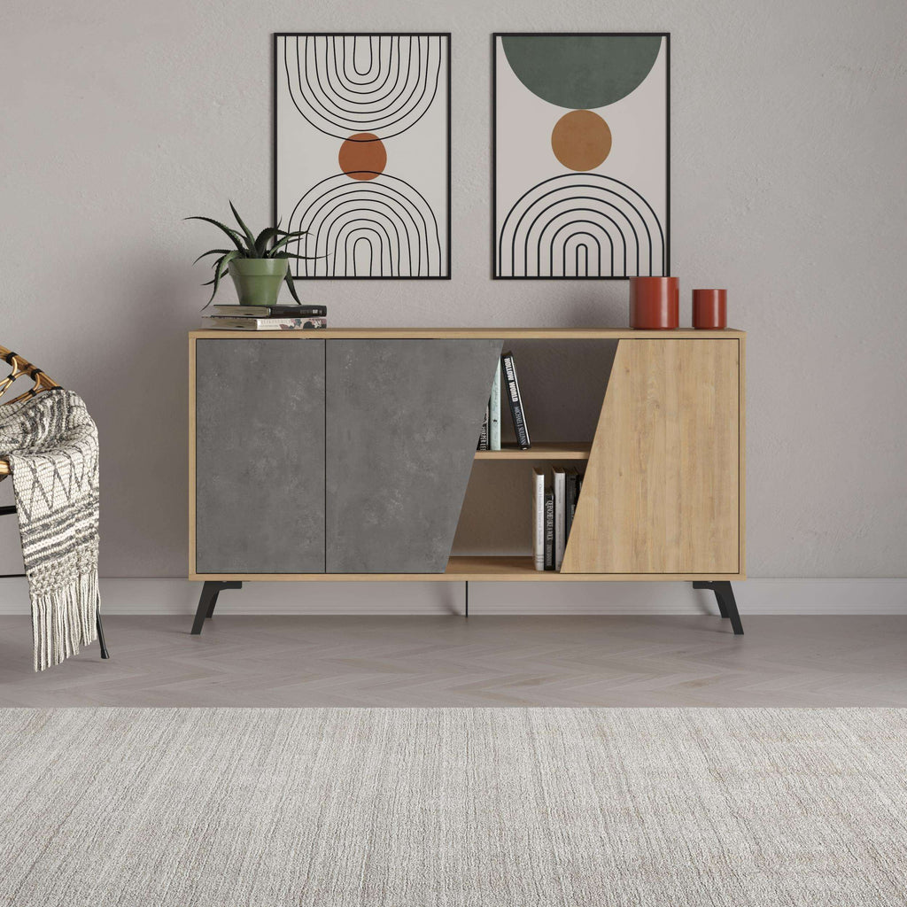 Two-tone console sideboard unit with grey doors, open shelf, oak frame and tapered feet
