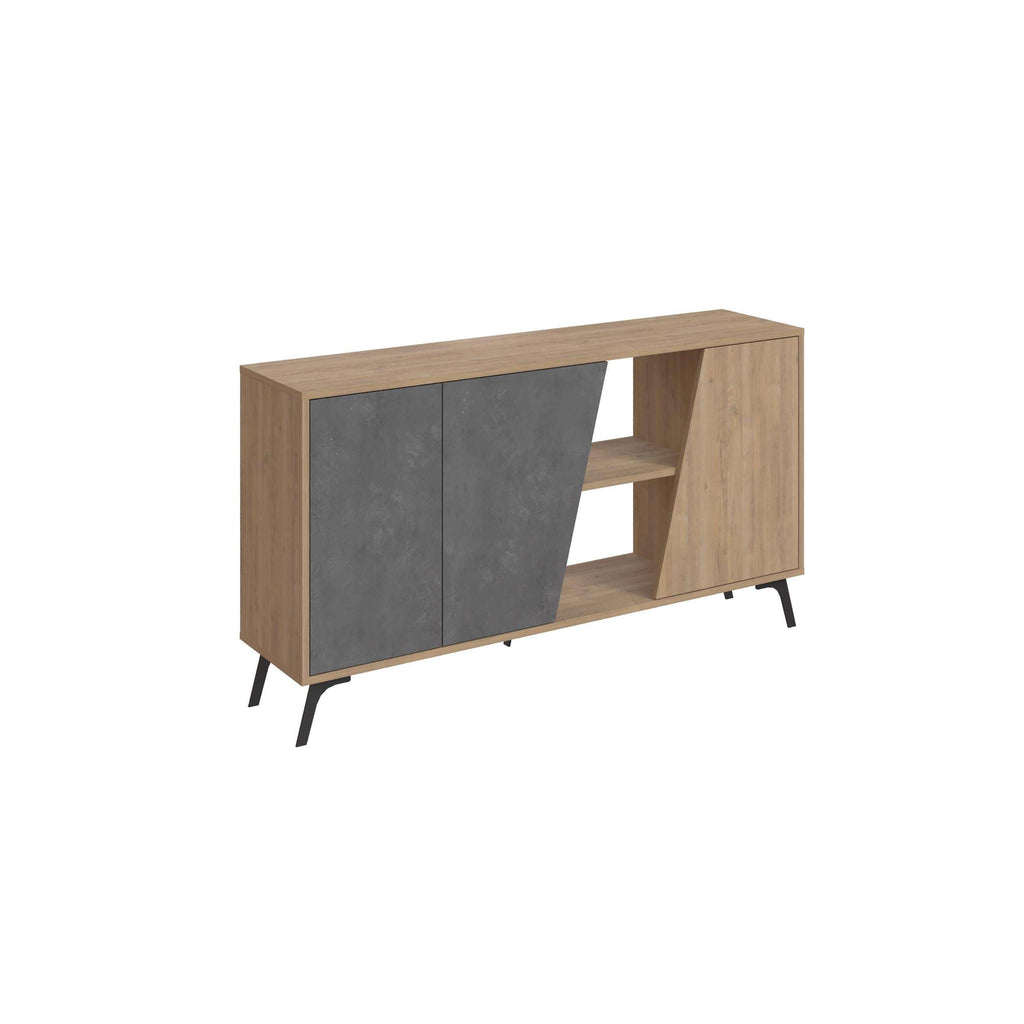 Oak and grey sideboard console with open central shelf, smooth panel fronts, angled legs