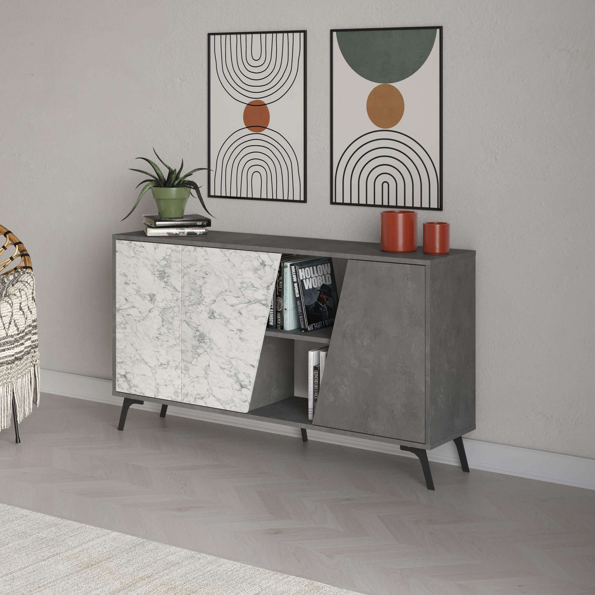 Marble-effect console sideboard with open cubby holding books, two doors and gray legs