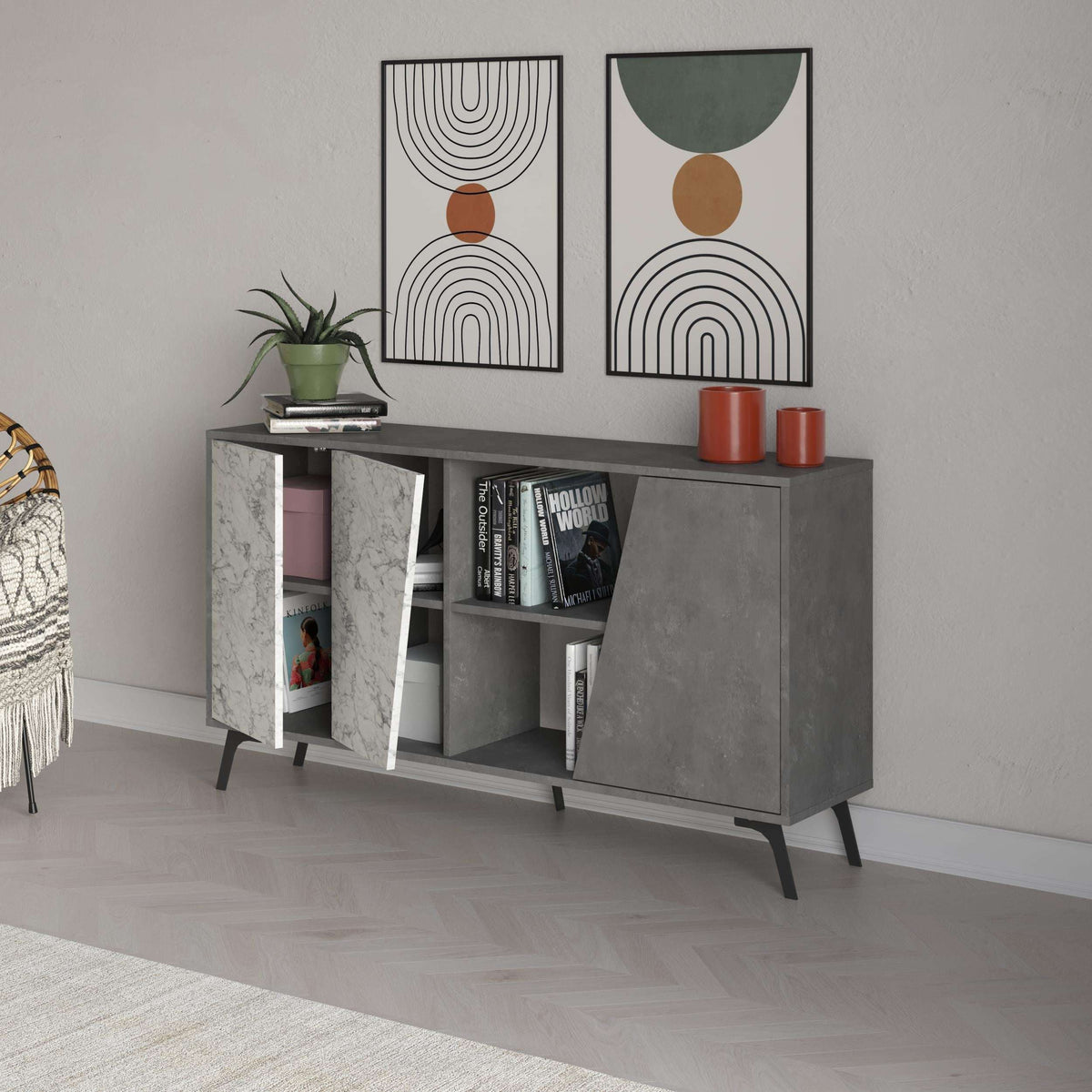 Gray console sideboard with marble-effect door panels, open shelf and orange accents