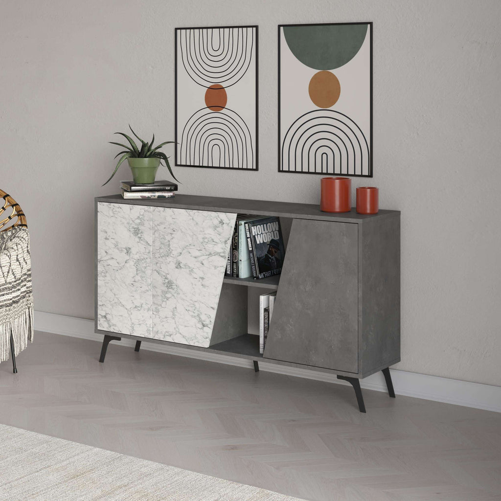 Marble-effect console sideboard with two cabinet doors, open shelf and gray frame