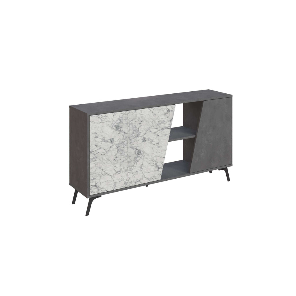 Grey console sideboard with marble-effect door panels and open shelf section.