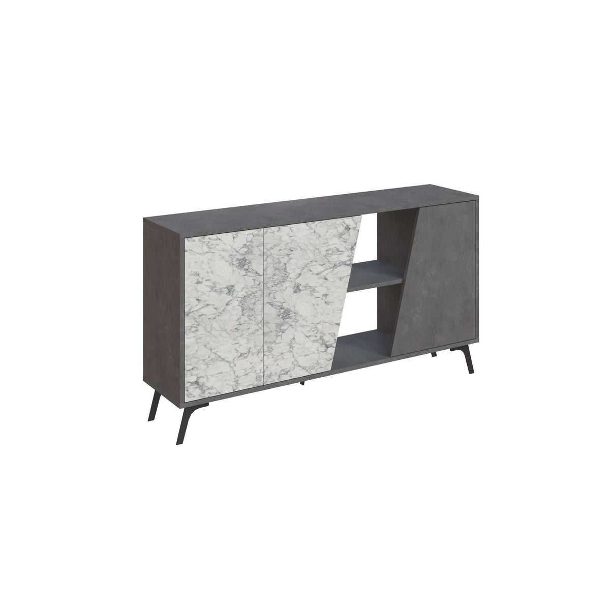 Grey console sideboard with marble-effect door panels and open shelf section.
