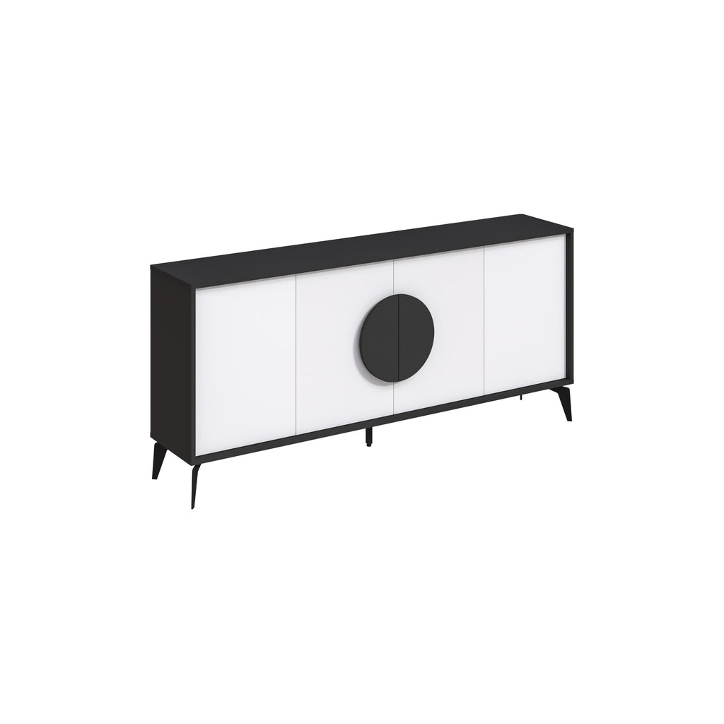 Black and white sideboard console with round center door and tapered legs