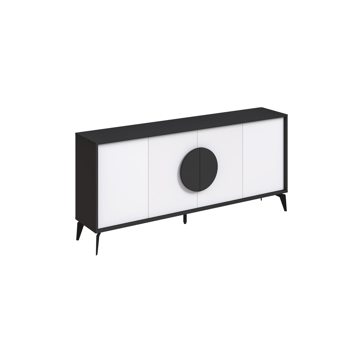 Black and white sideboard console with round center door and tapered legs