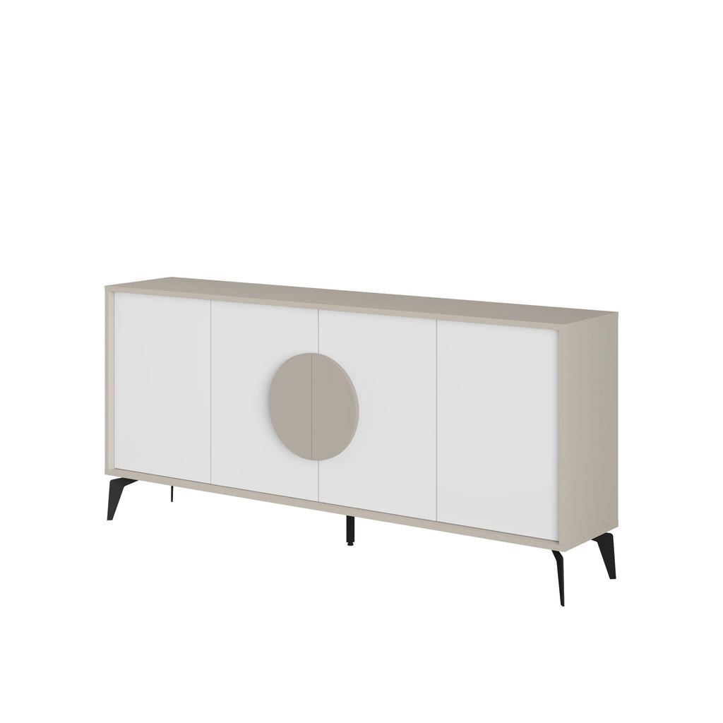 White console sideboard with round center door and tapered black legs