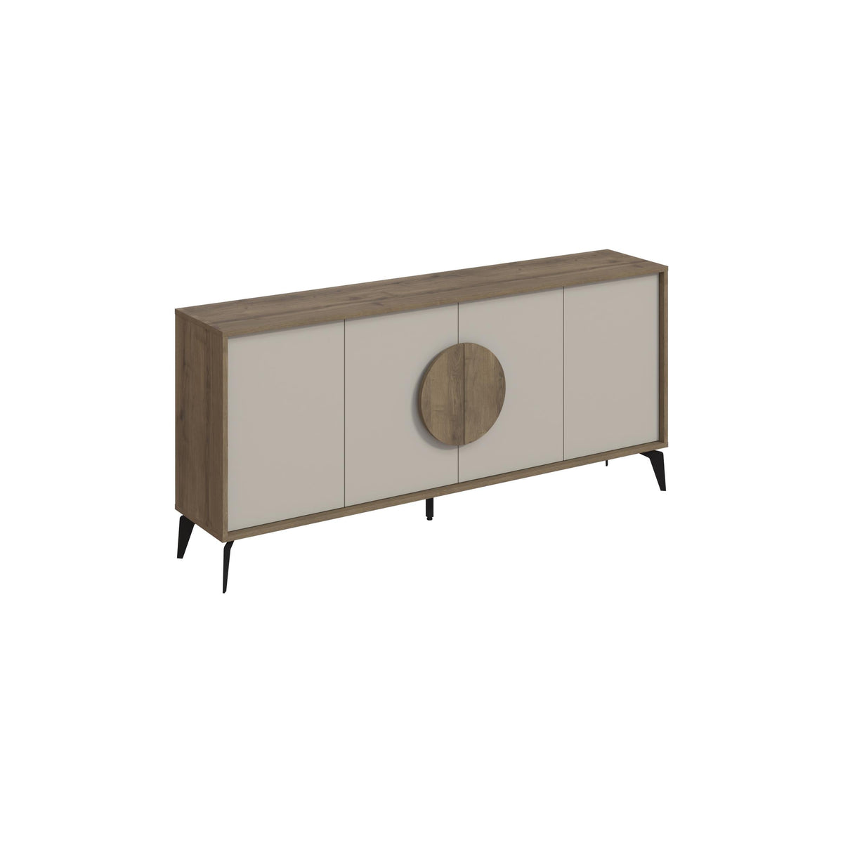 Dark oak sideboard console with sandstone doors and round center door