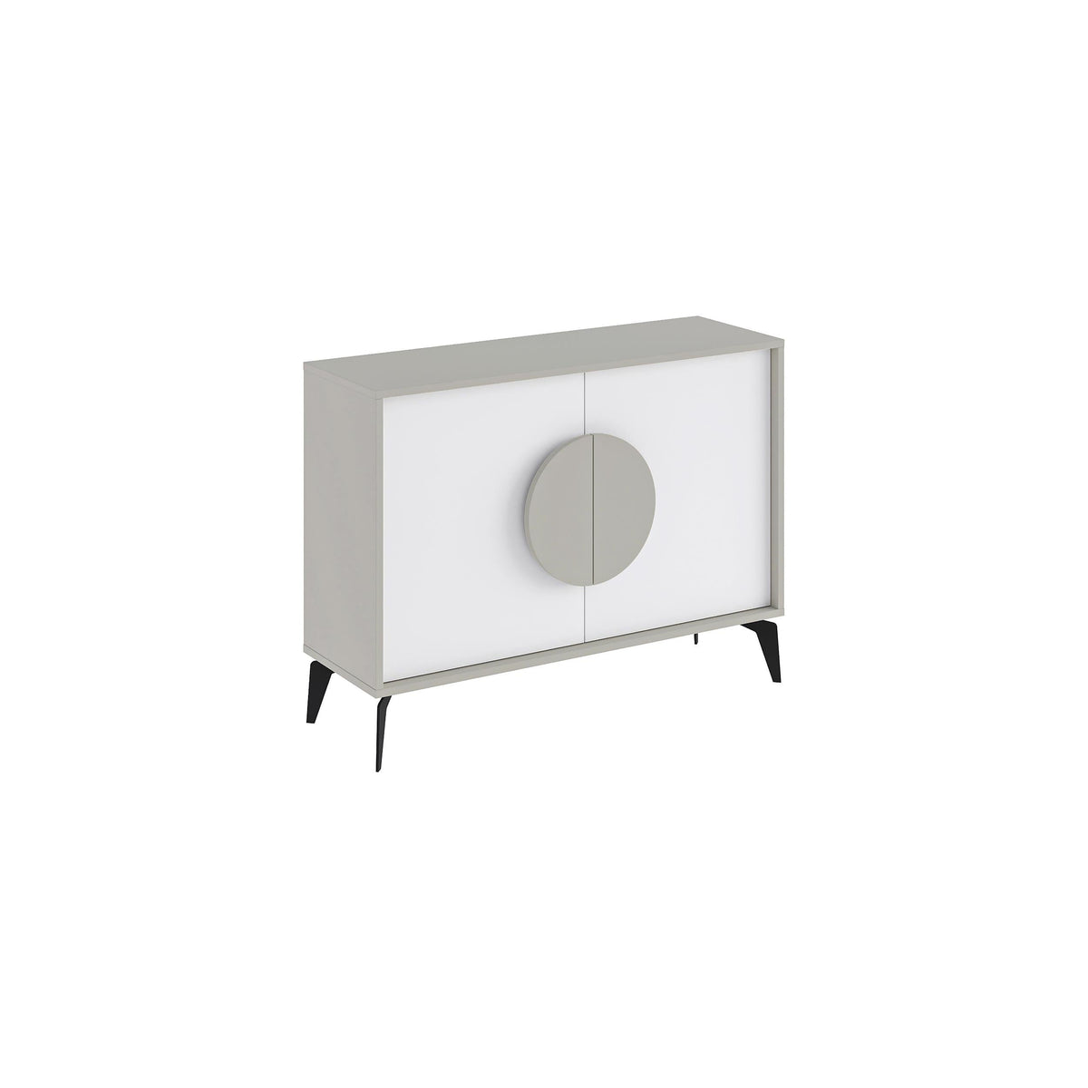 Modern sideboard cabinet with light grey frame, white doors, and circular center handle