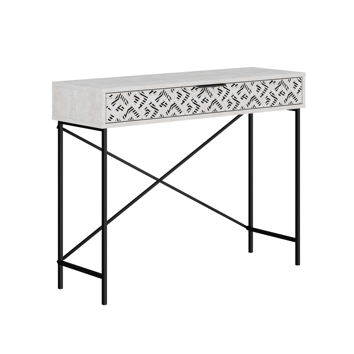 Ancient white console table with patterned drawer and black metal X-frame