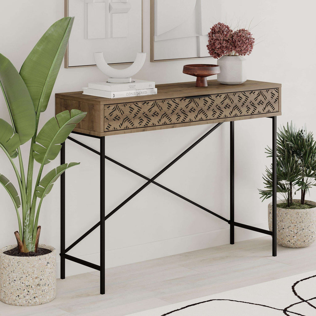 Console display unit with patterned drawer, open shelf, and black metal X-frame legs