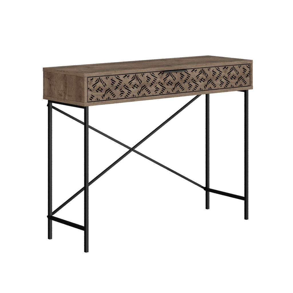 Dark oak effect console table with patterned drawer and black metal X-frame
