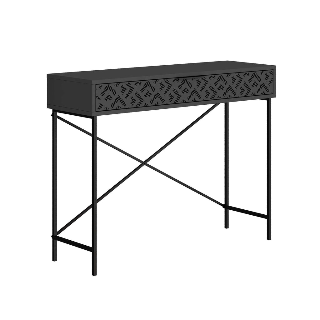 Anthracite grey console table with patterned drawer and black metal X-frame