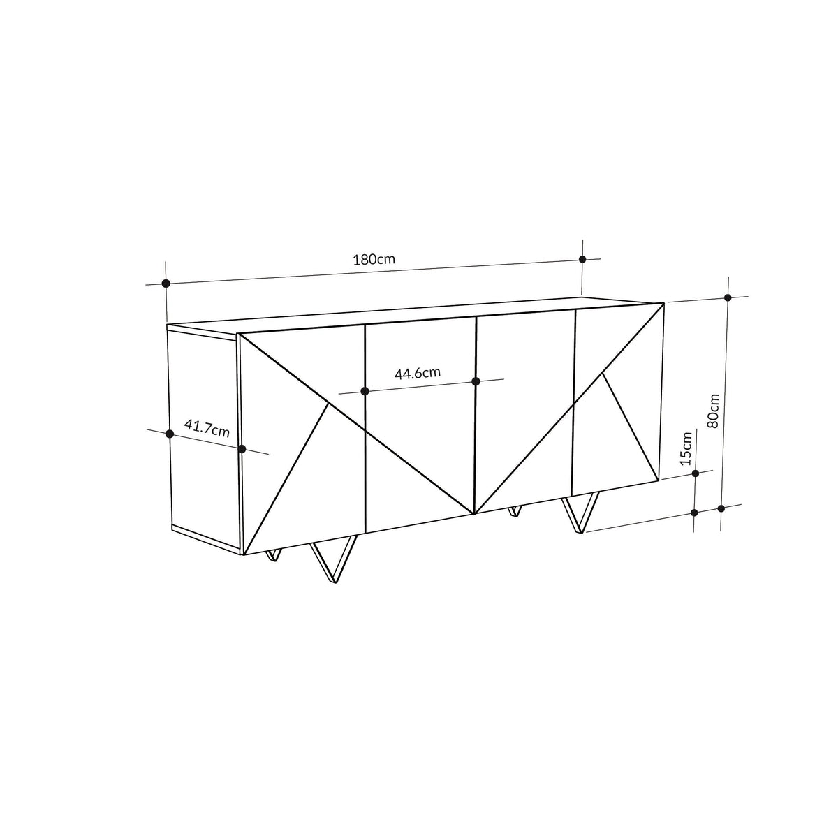4-door sideboard size diagram with overall and compartment measurements