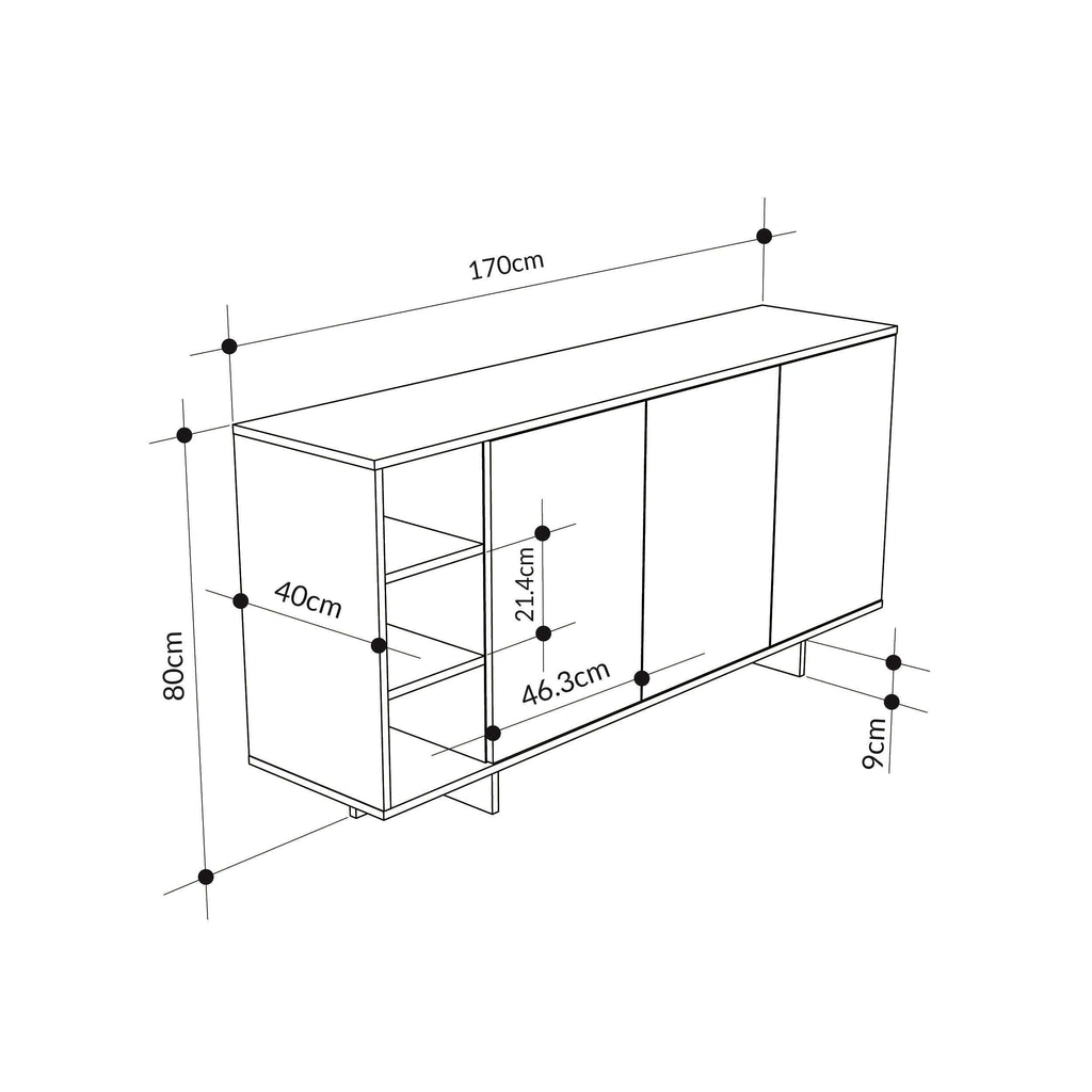 Modern console unit with open shelves and two cabinet compartments; 170cm length