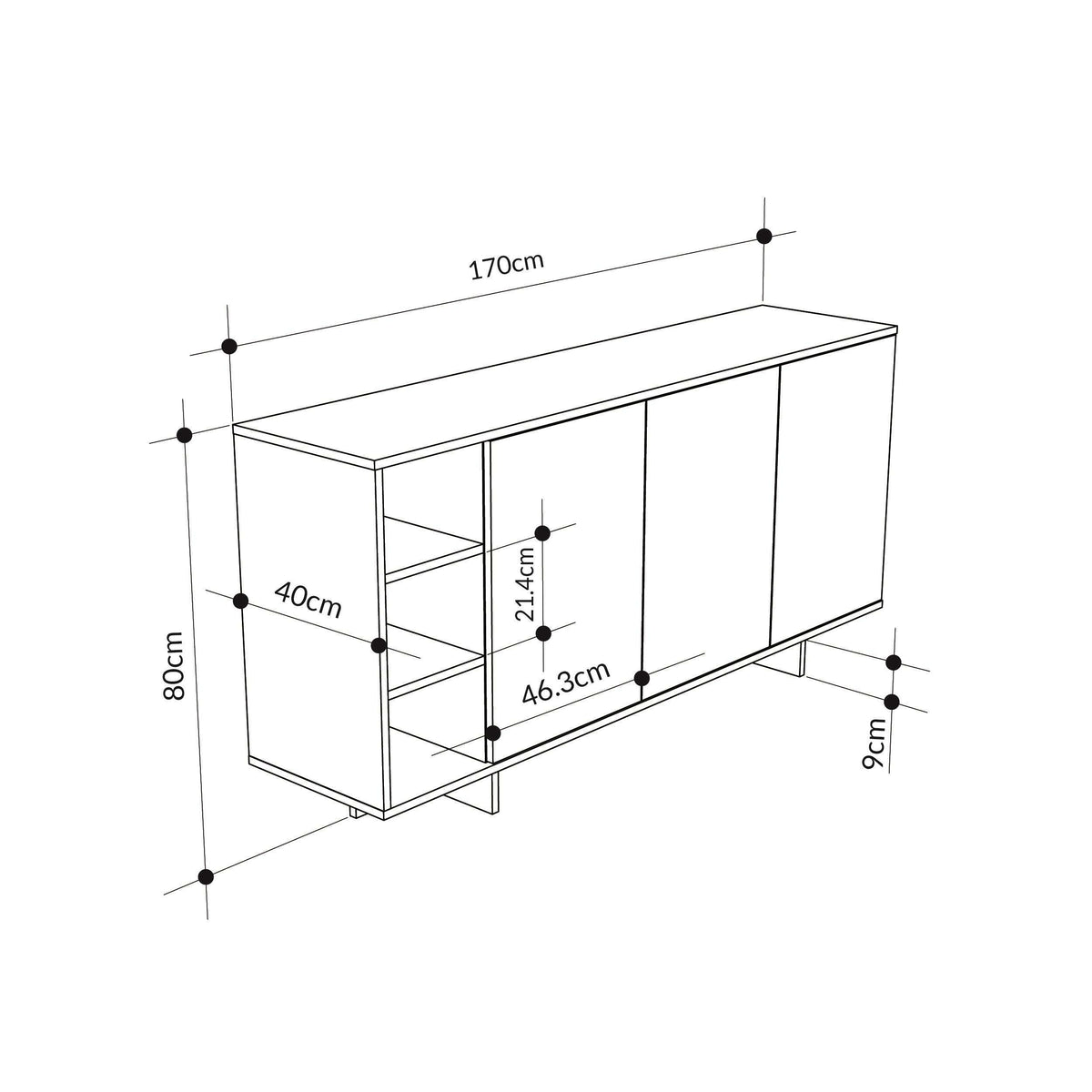 Modern console unit with open shelves and two cabinet compartments; 170cm length