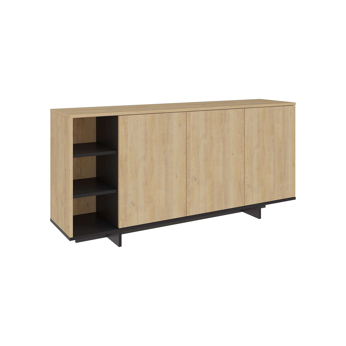 Light oak modern console unit with left open shelves and black feet