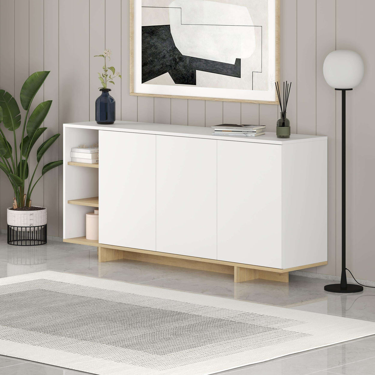 Modern console unit in white with open shelves and light oak interior shelves