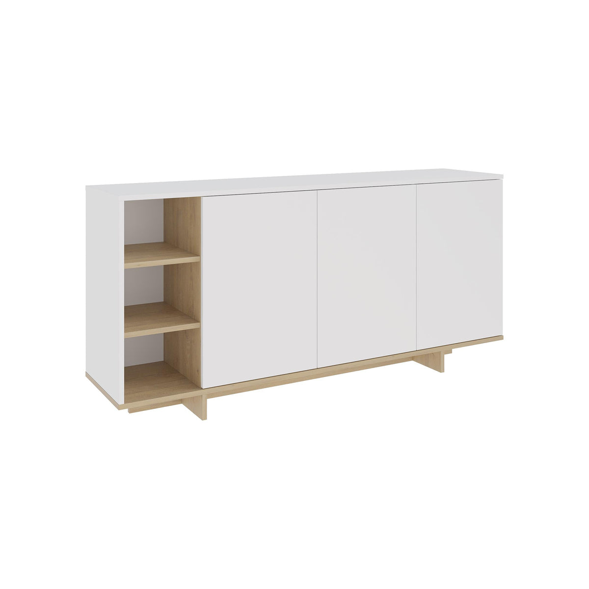 White modern console unit with left open shelves and light oak interior