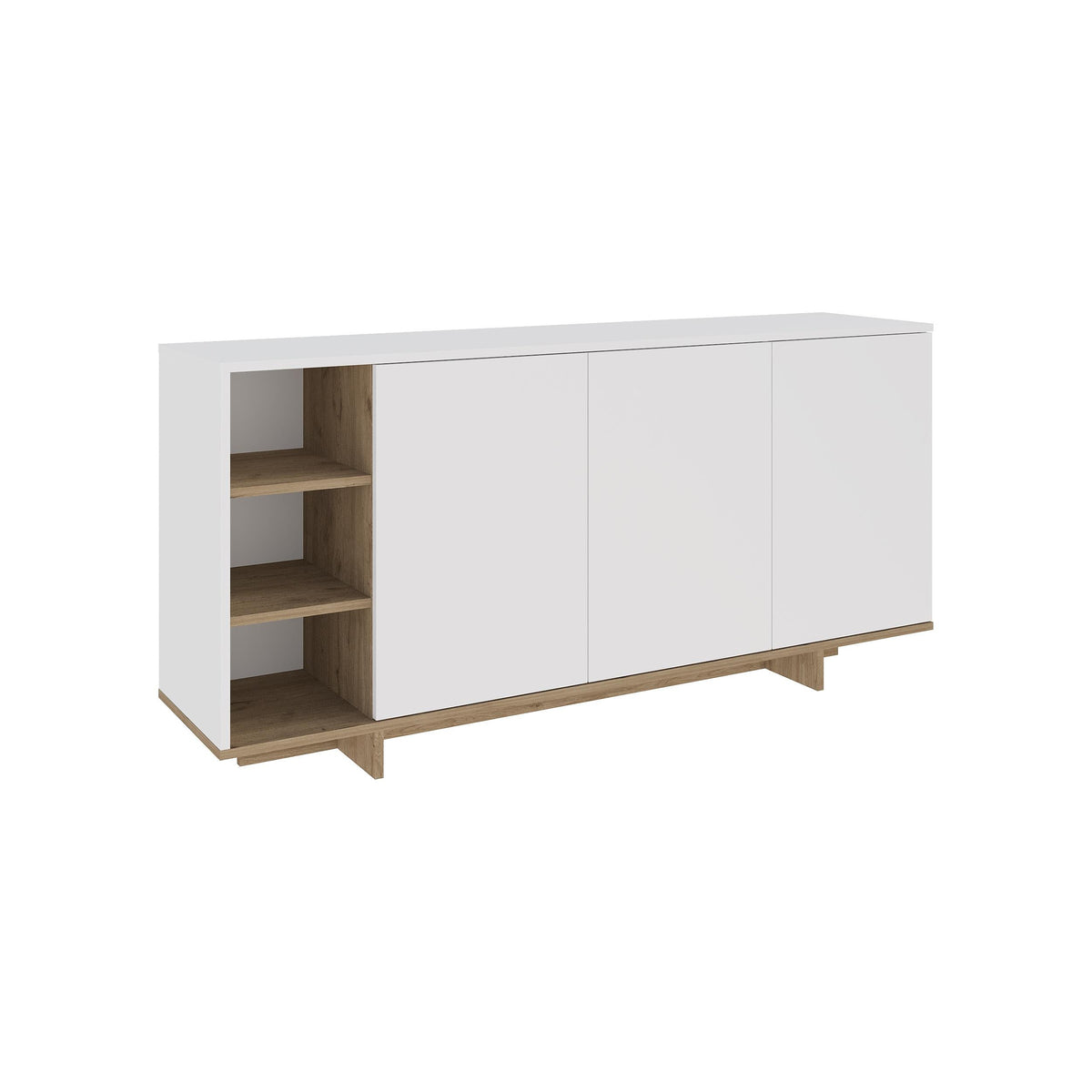 White modern console unit with left open shelving and light oak base details