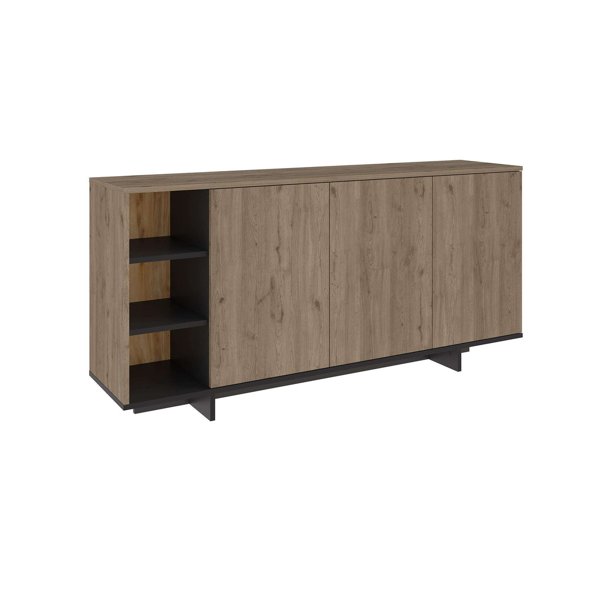 Wood modern console unit with left open shelves and black base feet