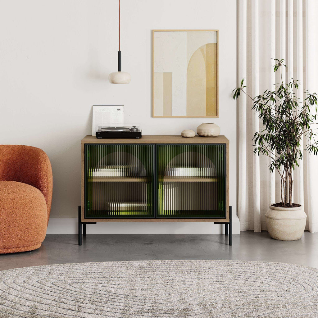 Front view buffet cabinet with dark oak effect frame and green ribbed glass doors.
