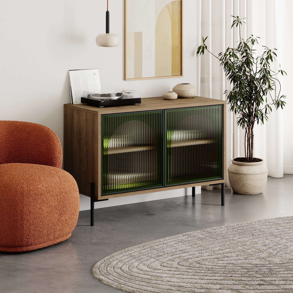 Buffet cabinet with dark oak effect frame, green ribbed glass doors, and black legs.