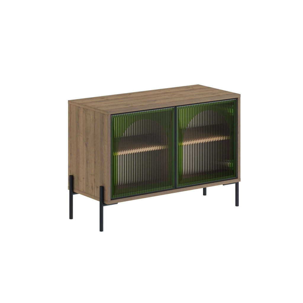 Dark oak effect buffet cabinet with green ribbed glass doors and black metal legs.