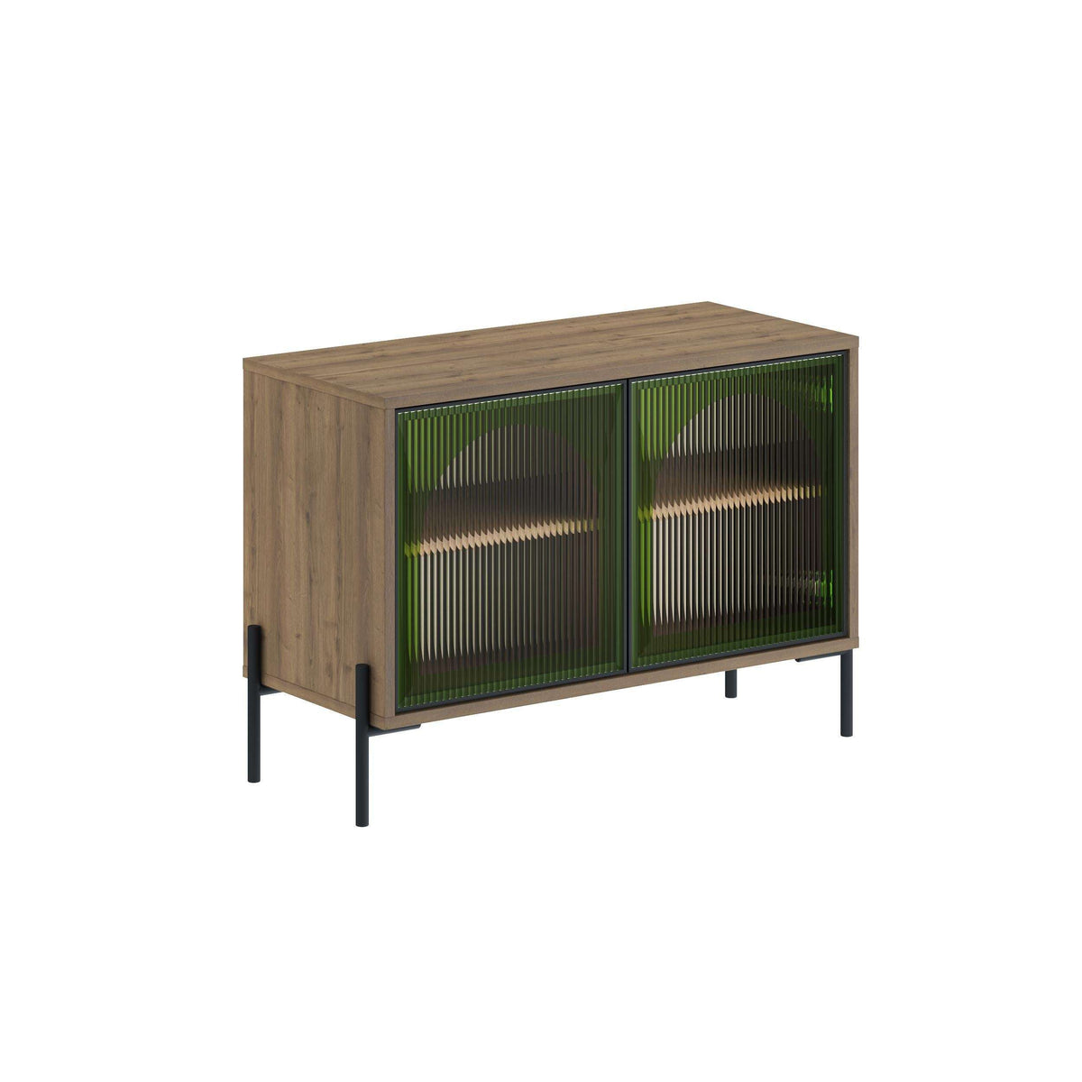 Dark oak effect buffet cabinet with green ribbed glass doors and black metal legs.