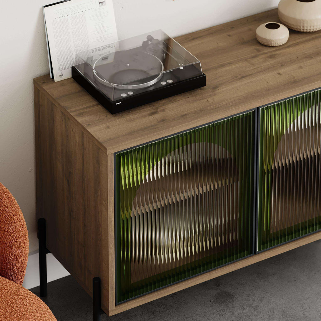 Dark oak effect buffet cabinet with two green ribbed glass doors and black base legs.