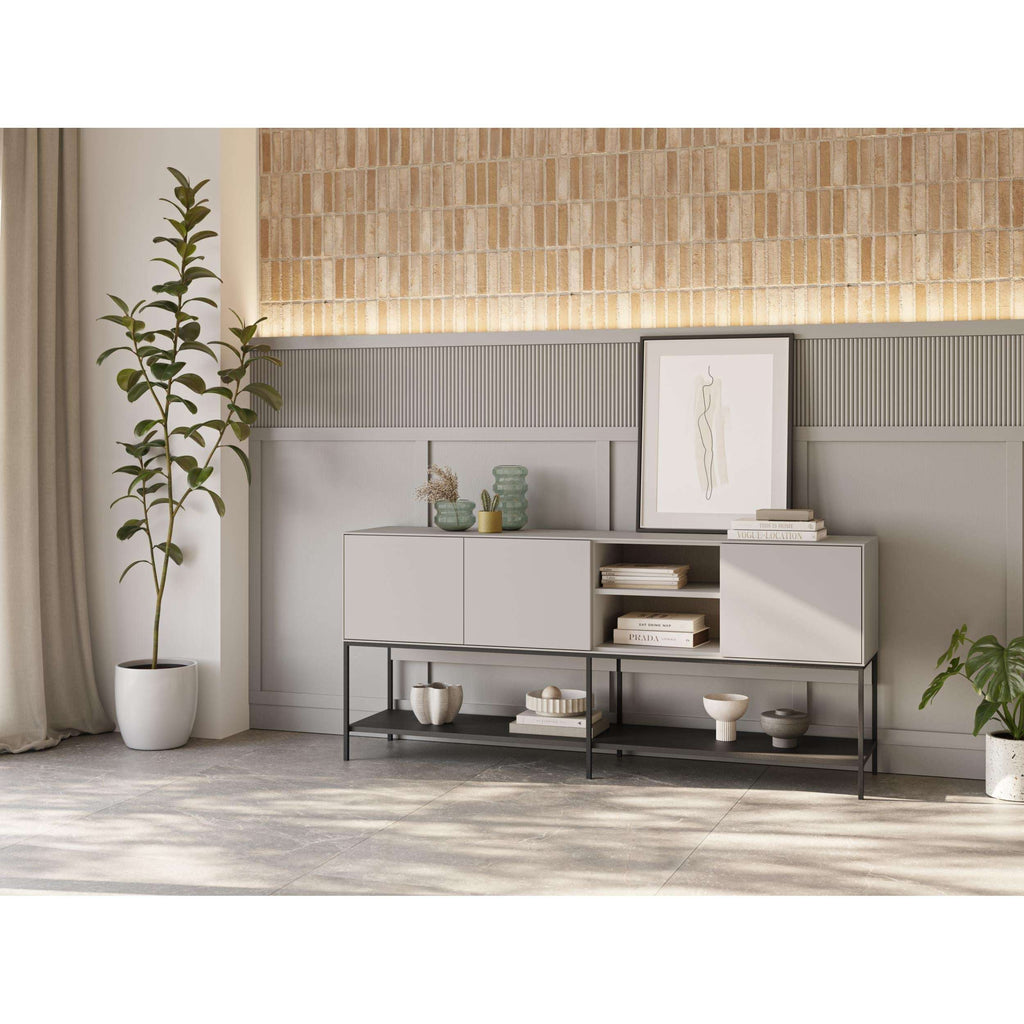 Modern console table with open shelves and cabinet doors, light stone top and frame