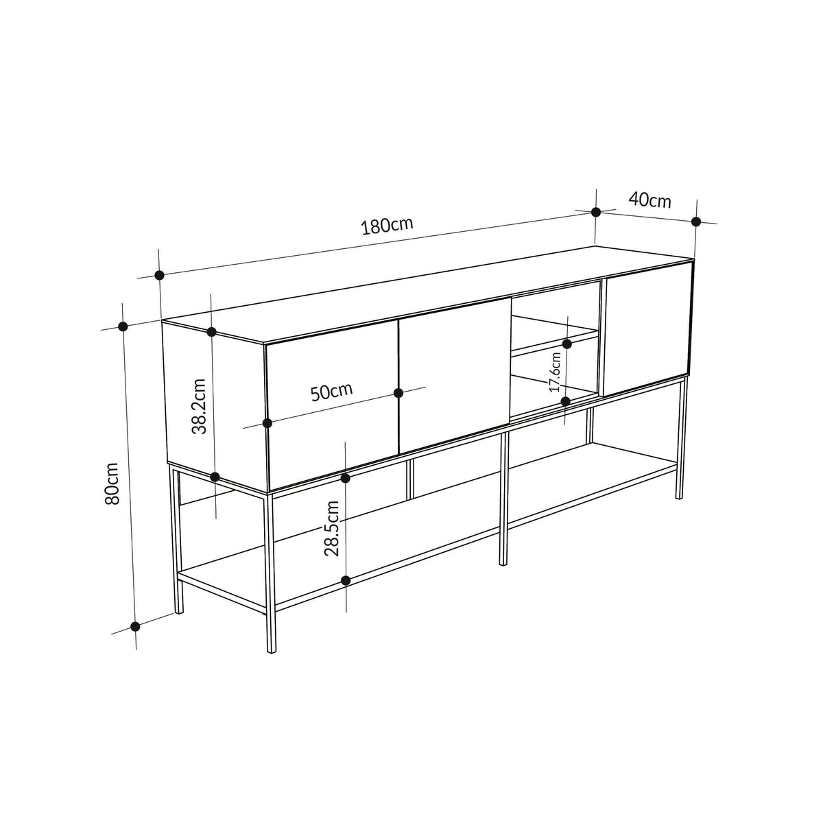 Console table size diagram: 180cm length, 80cm height, 40cm depth