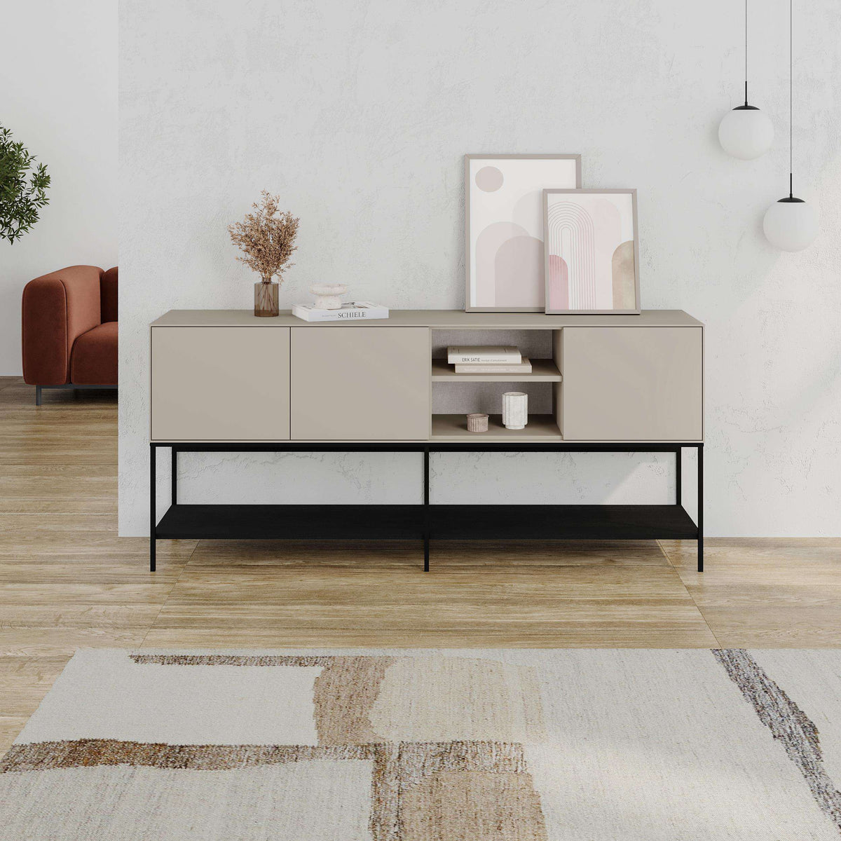 Modern sideboard console table with storage shelves and drawers, light stone finish