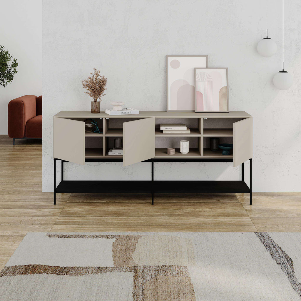 Light gray console table with open compartments, shelves, and black metal base