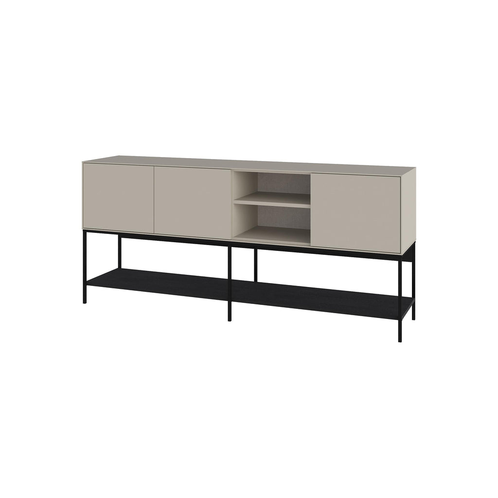 Light gray console table with two side cabinets, center shelf, and black legs
