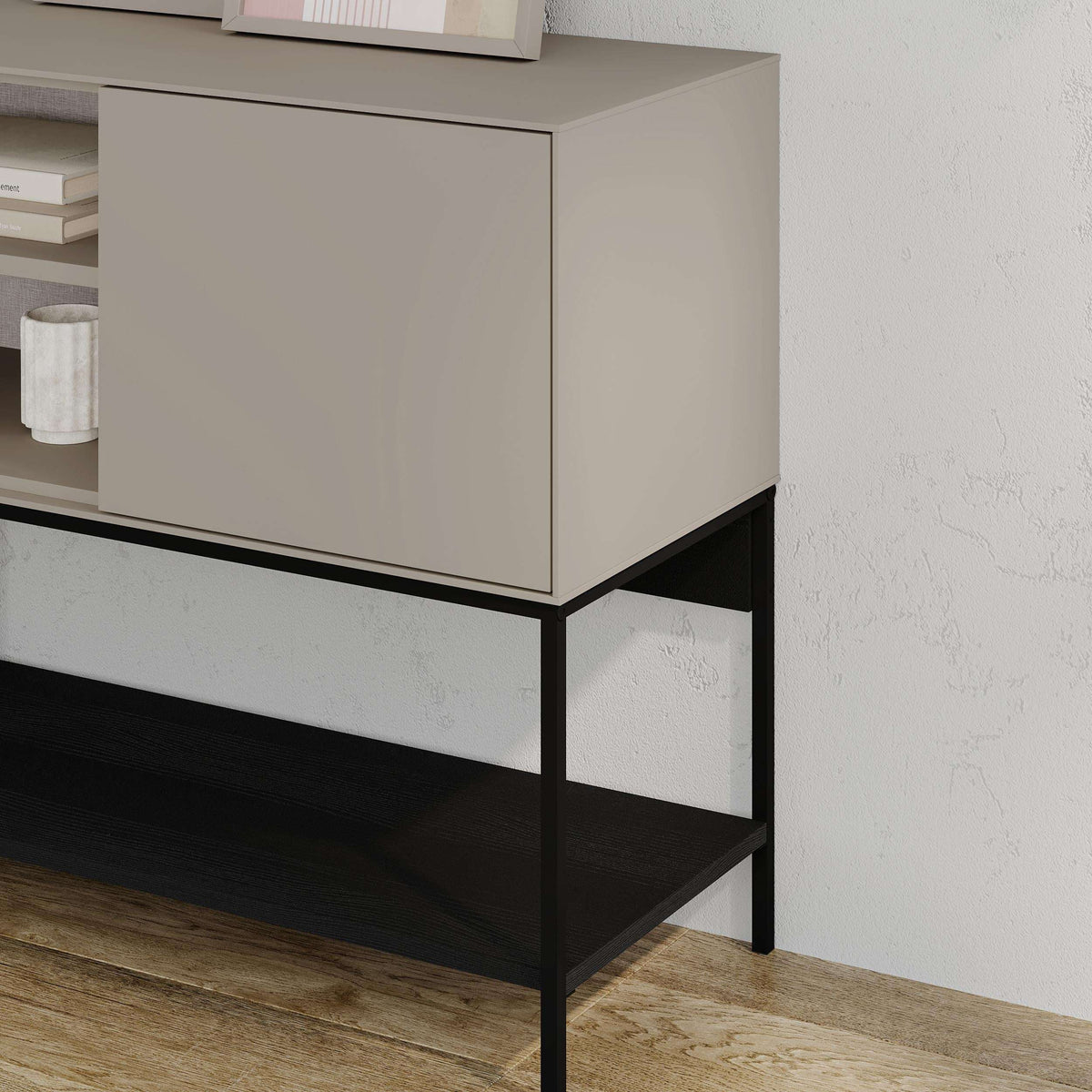 Ash green console table cabinet with black frame and open lower shelf