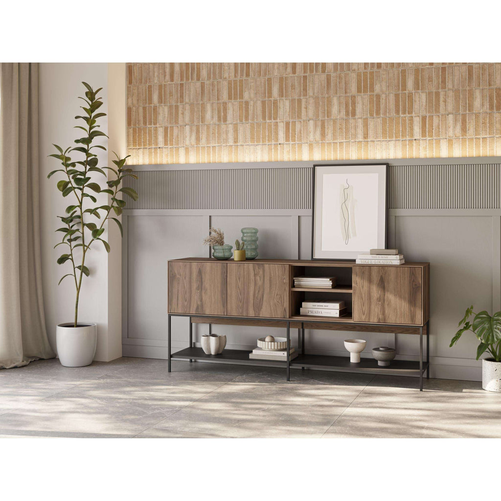Modern console table with warm wood sideboard panels, black frame, and open shelving