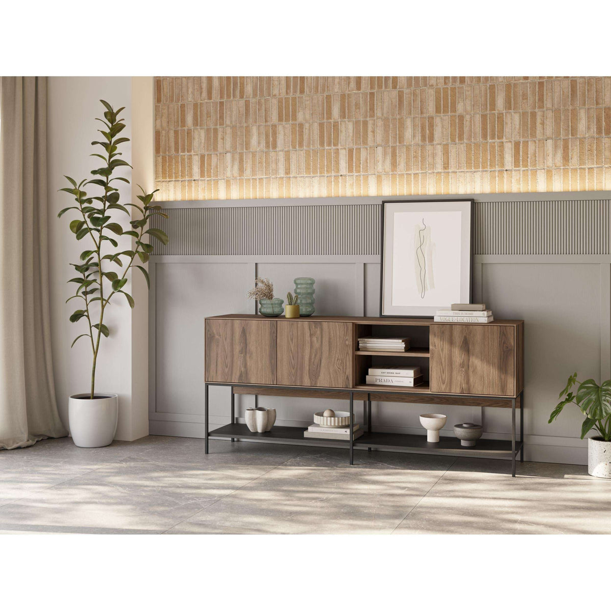 Modern console table with warm wood sideboard panels, black frame, and open shelving